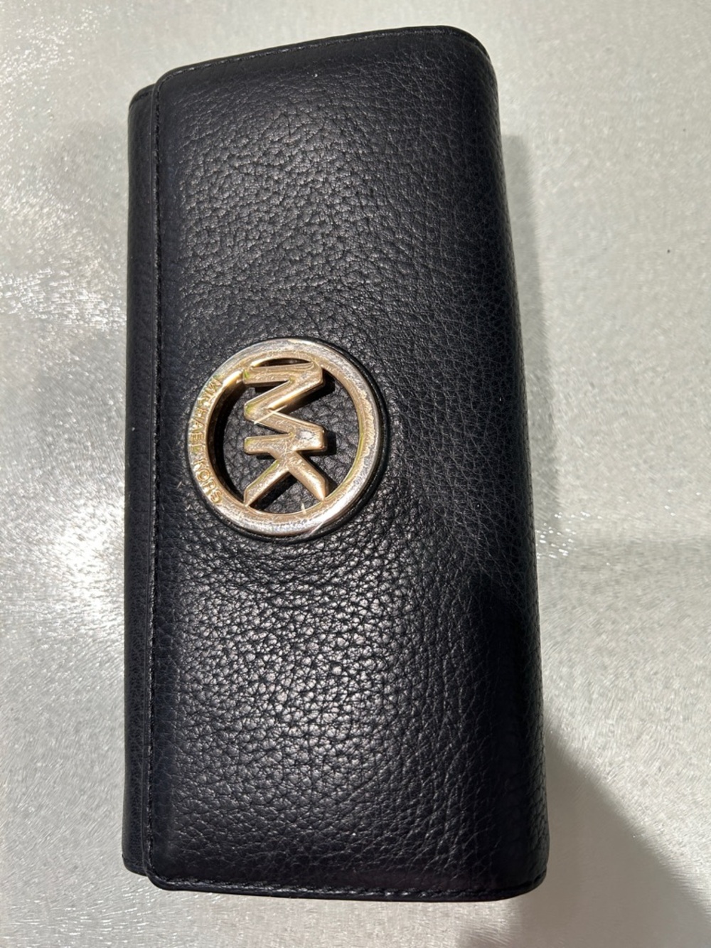 Michael Kors Black Pebbled Leather Continental Wallet with Gold MK Emblem